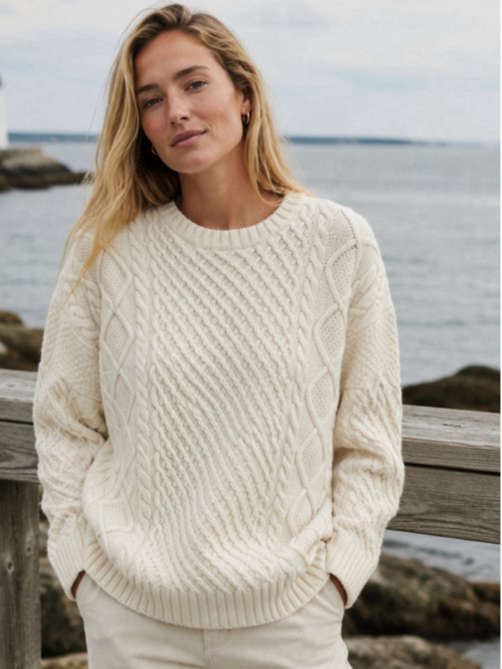 Sunday Best Sweater Crewneck M Aritzia Merino Cable Knit Fisherman Preppy Cream